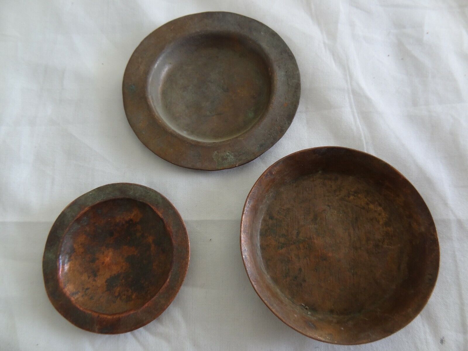 Antique Mongolian Tibetan  Buddhist Small Copper Offering Plates 3 Pc