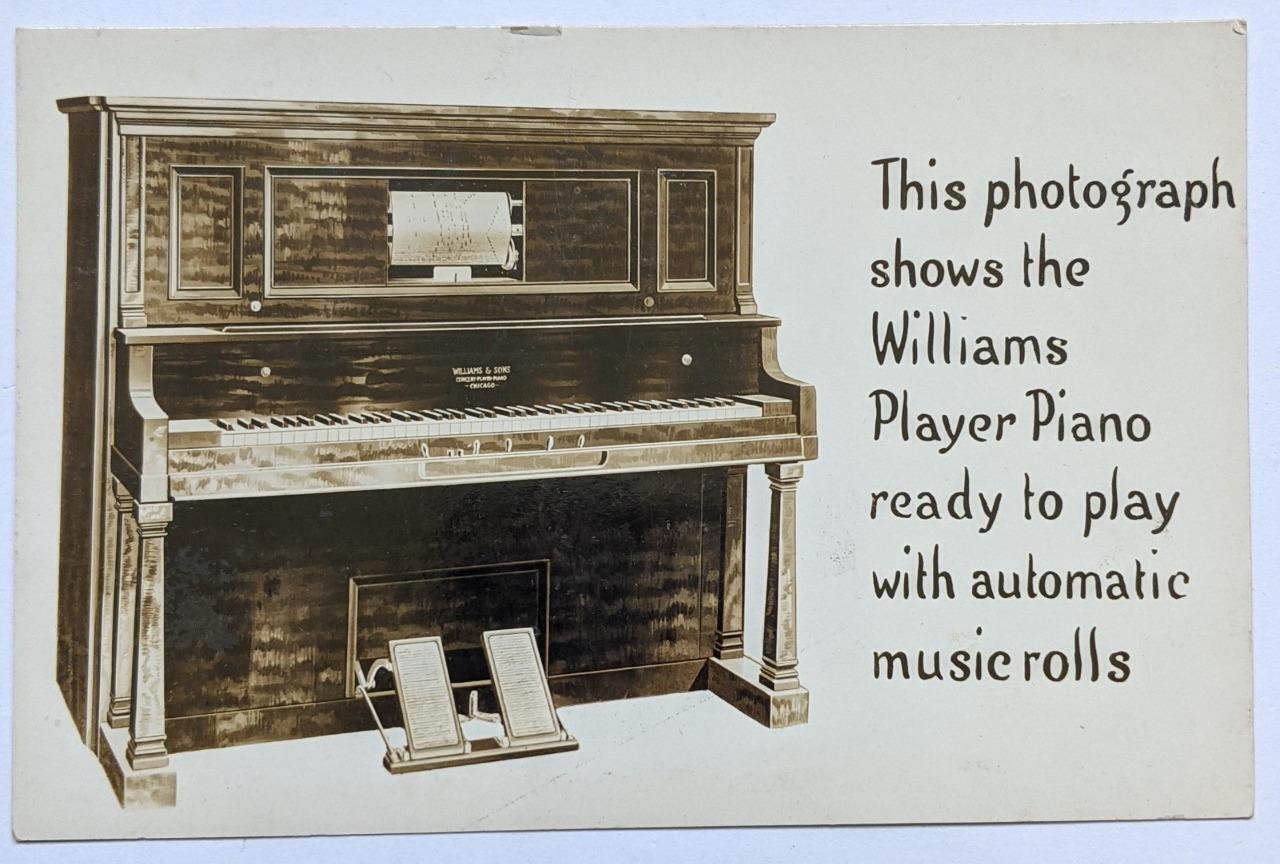 Old Vintage Photograph Advertisement Card Williams Player Piano Music Instrument