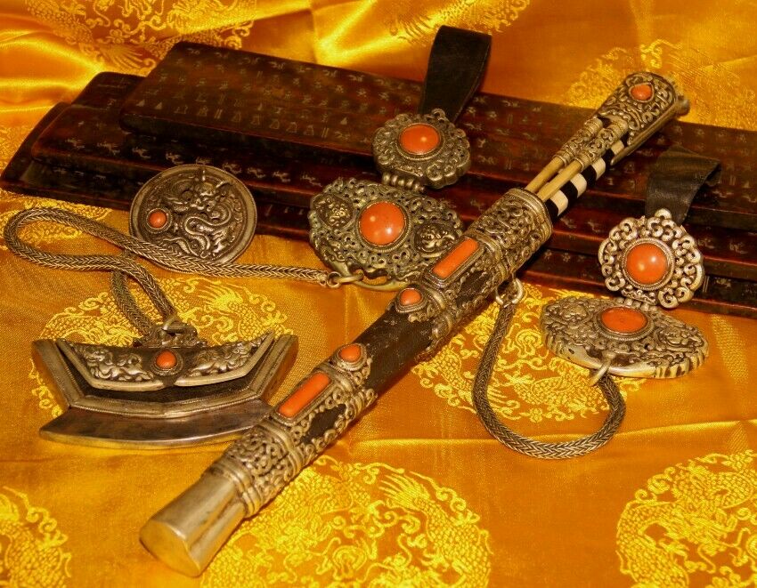 @ Wonderful Amazing Full Set Old Mongolian Noble Silvered Gem "dinner Knife" @