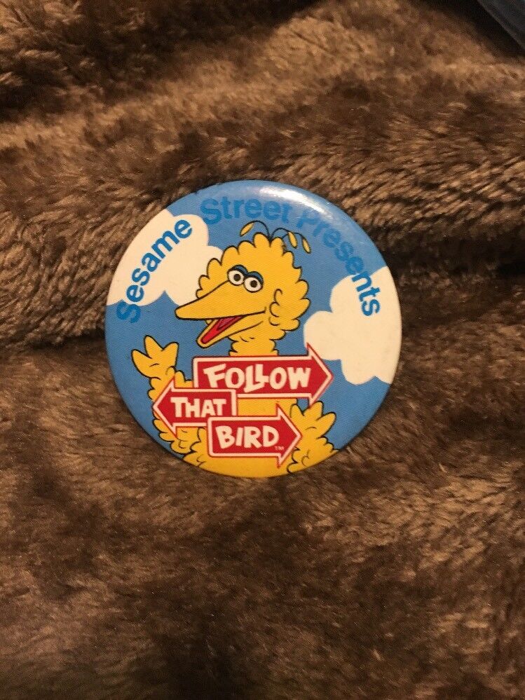 Vintage Sesame Street Presents Follow That Bird Pinback Button Big Bird